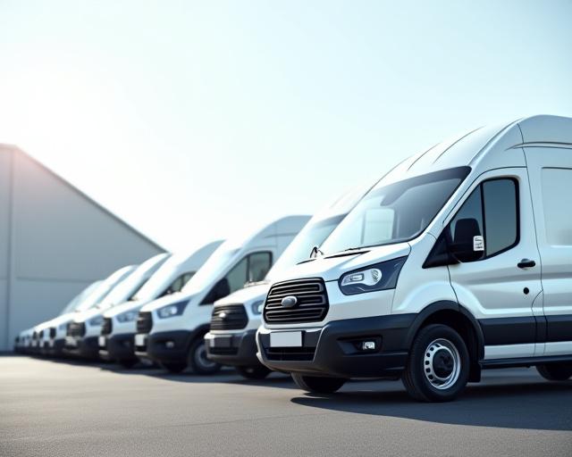 A lineup of clean white commercial vans